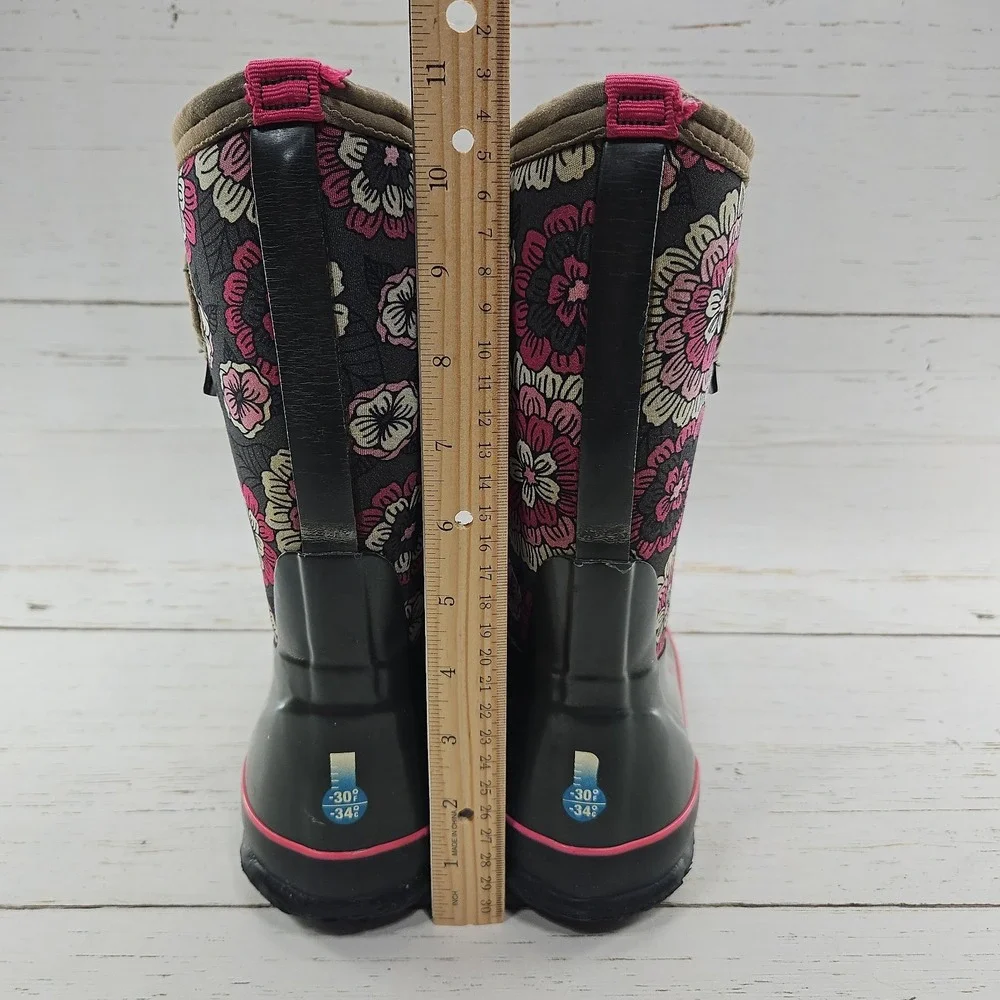 Bogs Boots Youth Size 3 Gray Pink Pansies Pull On Winter Rain Waterproof 72158